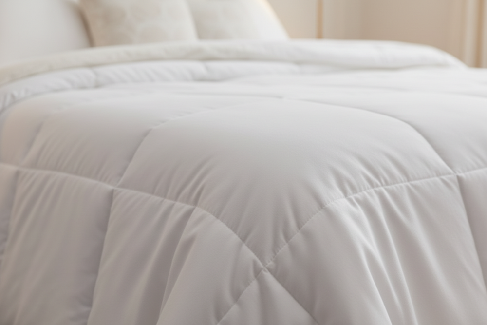 White comforter on a bed in a bedroom setting with plants and a side table.