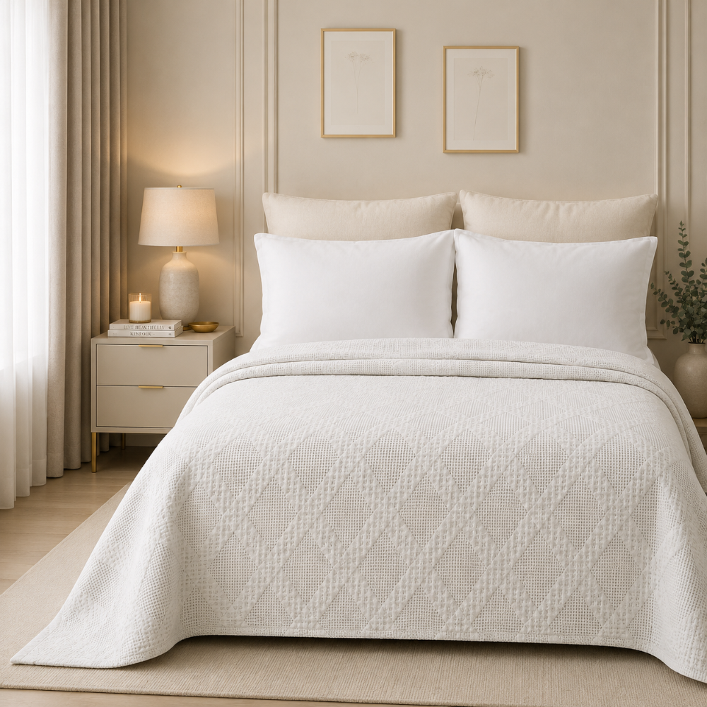 100% cotton coverlet from the Textures Collection featuring breathable comfort, layered texture, and modern luxury bedroom styling