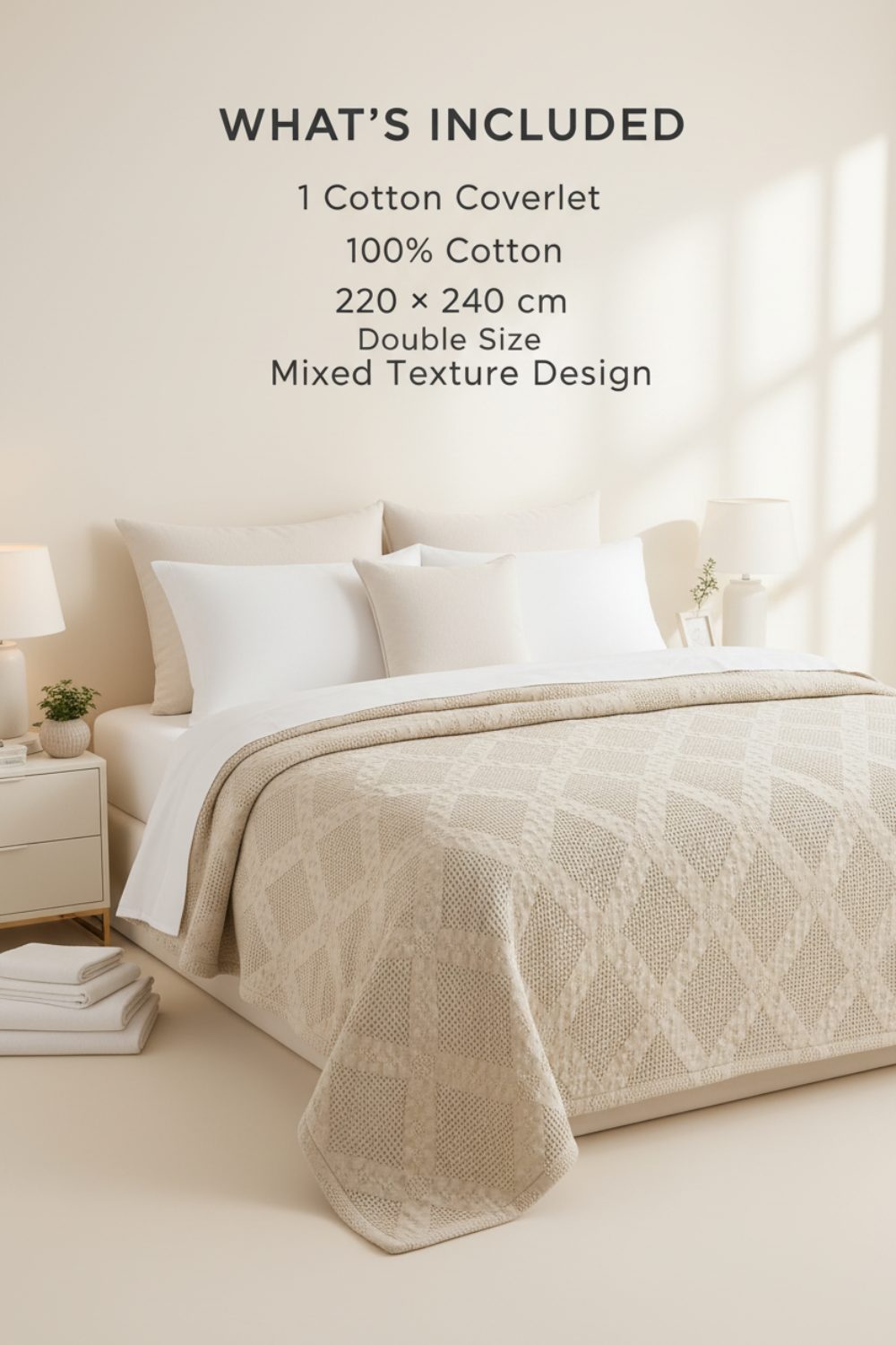 Beige cotton coverlet on a bed with room details, text overlay about product details.