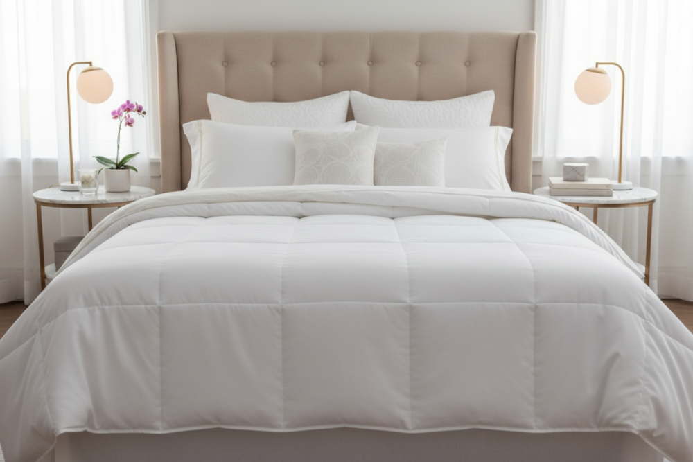 White comforter on a bed with pillows and nightstands in a bedroom setting