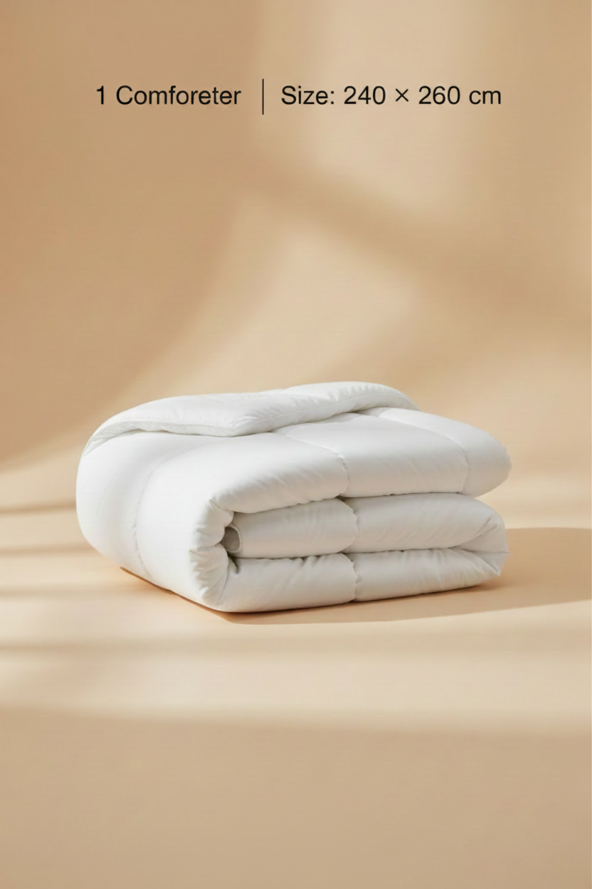 Folded white comforter on a beige background with text indicating size.