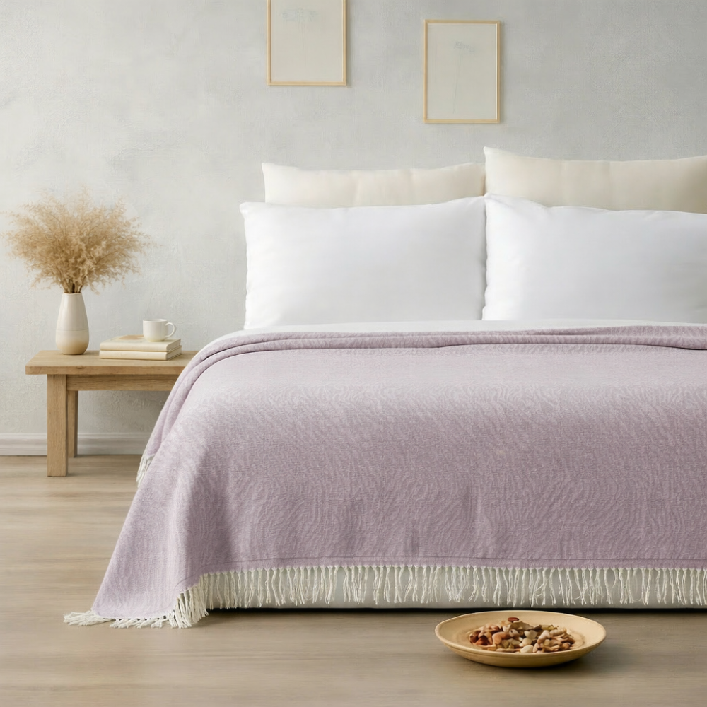 Bed with a purple Coverlet and white pillows in a room with a wooden nightstand and decor items.
