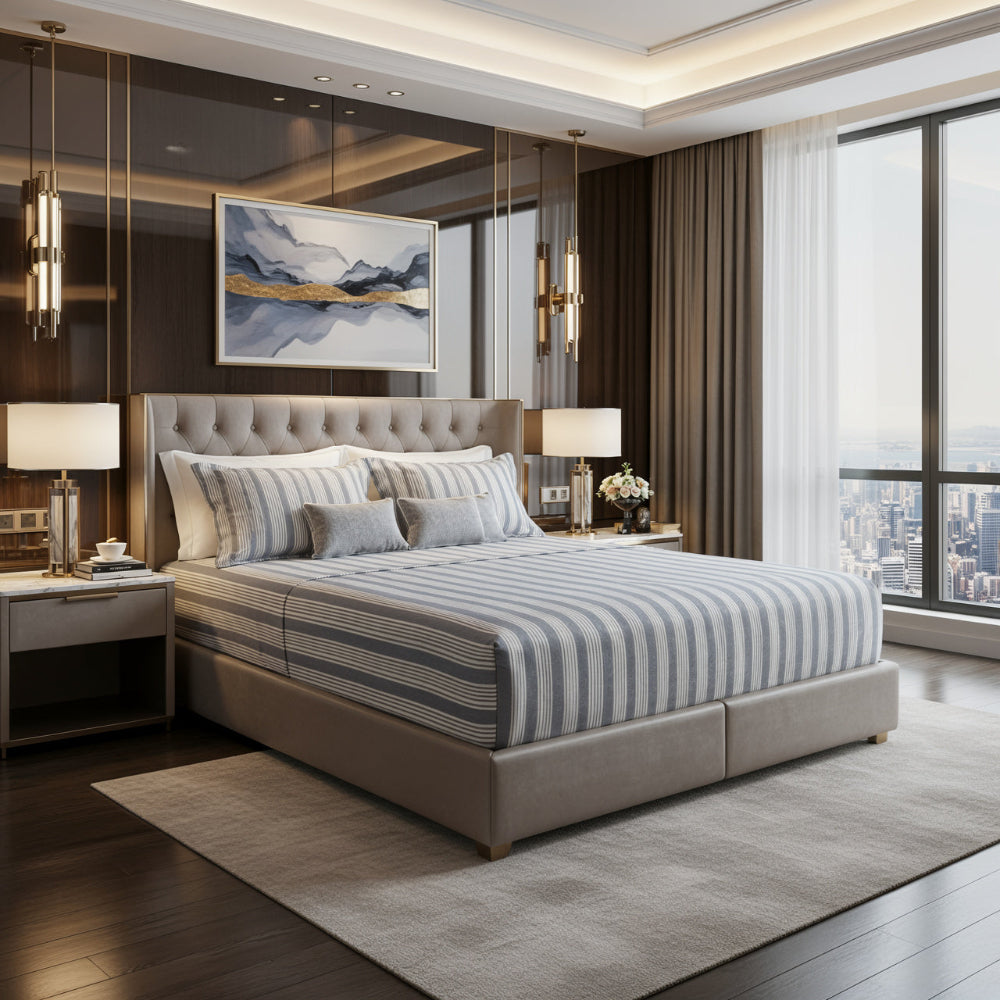 Cotton bed sheet set from the Neutral Living Collection featuring breathable cotton comfort, matching pillowcase and cushion covers, and elegant neutral bedroom styling