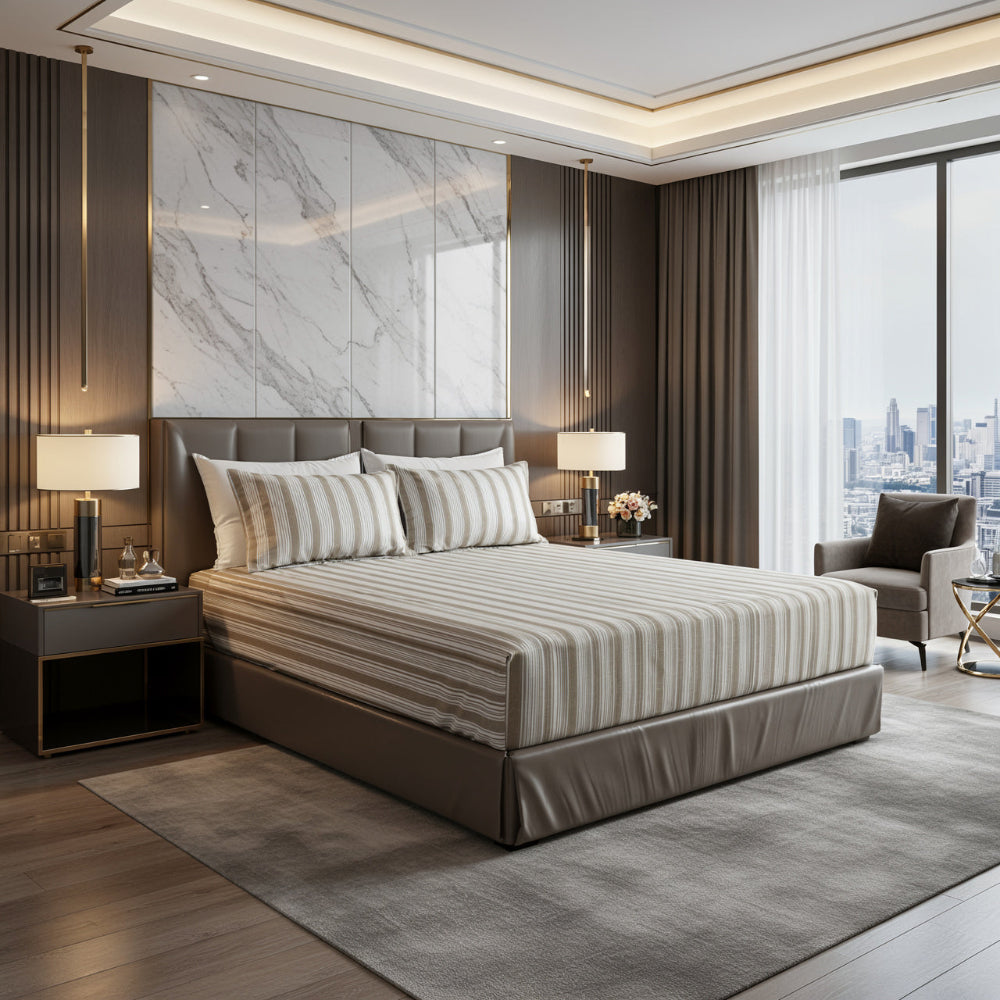 Cotton bed sheet set from the Neutral Living Collection featuring breathable cotton comfort, matching pillowcase and cushion covers, and elegant neutral bedroom styling