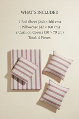 Set of striped bed sheet, pillowcase, and cushion covers on a beige background with text detailing included items.
