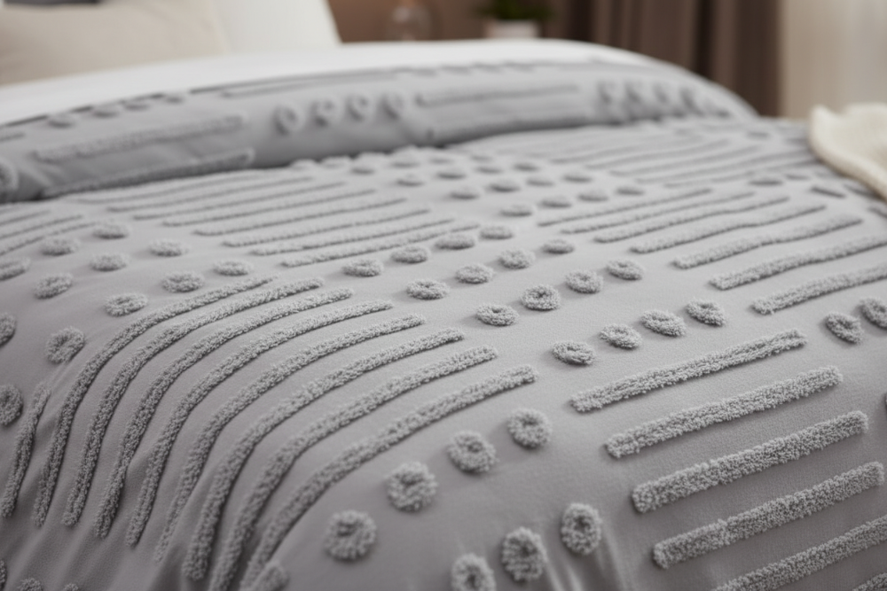 Neatly made bed with gray and white bedding in a bedroom setting.