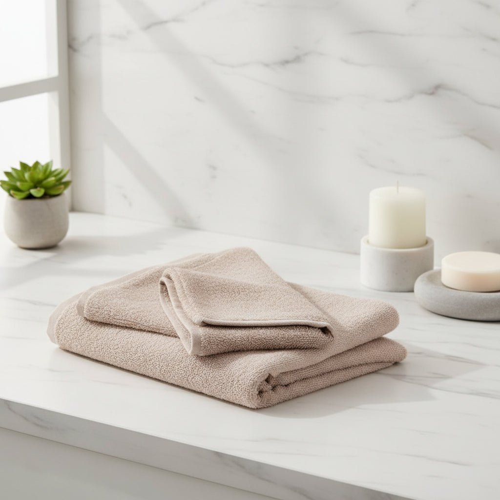 Folded beige towel on a light gray background