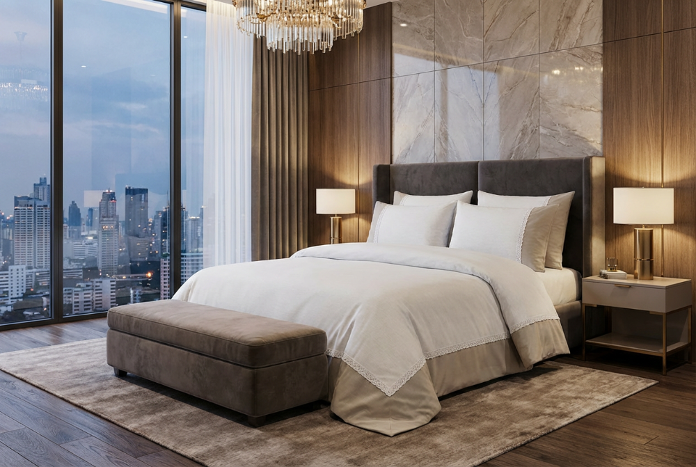 Cotton and guipure bed sheet set from the Neutral Living Collection featuring elegant decorative detailing, soft cotton comfort, and sophisticated bedroom styling