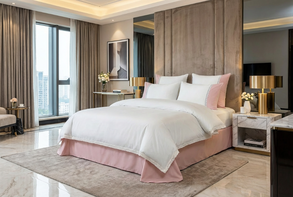 Cotton and guipure bed sheet set from the Neutral Living Collection featuring elegant decorative detailing, soft cotton comfort, and sophisticated bedroom styling