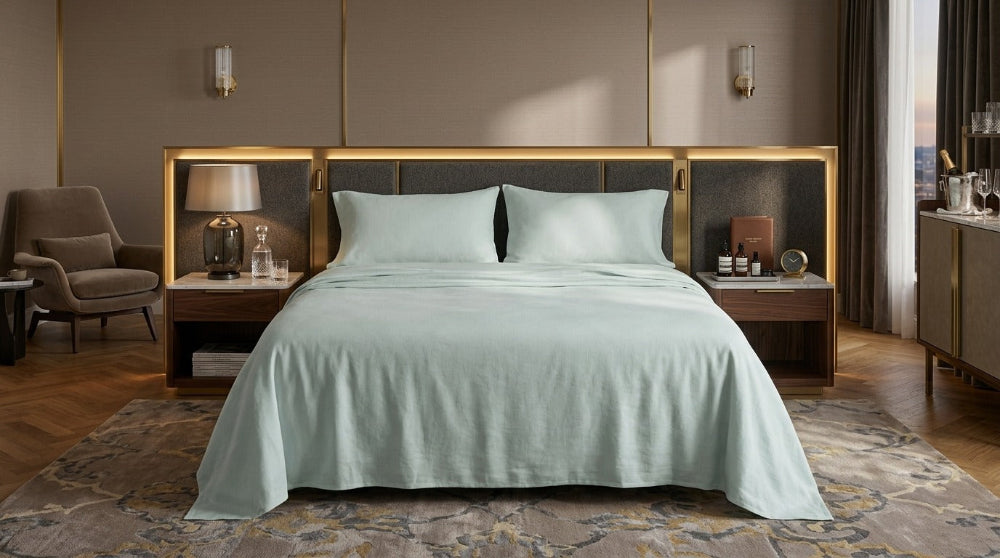 Cotton bed sheet set from the Core Collection featuring breathable cotton comfort, decorative cushion covers, and elegant everyday bedroom styling