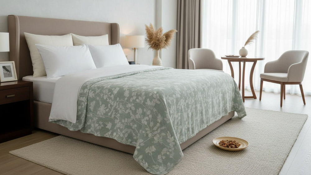 Premium cotton coverlet from the Core Collection styled in an elegant modern bedroom with breathable comfort and timeless neutral décor