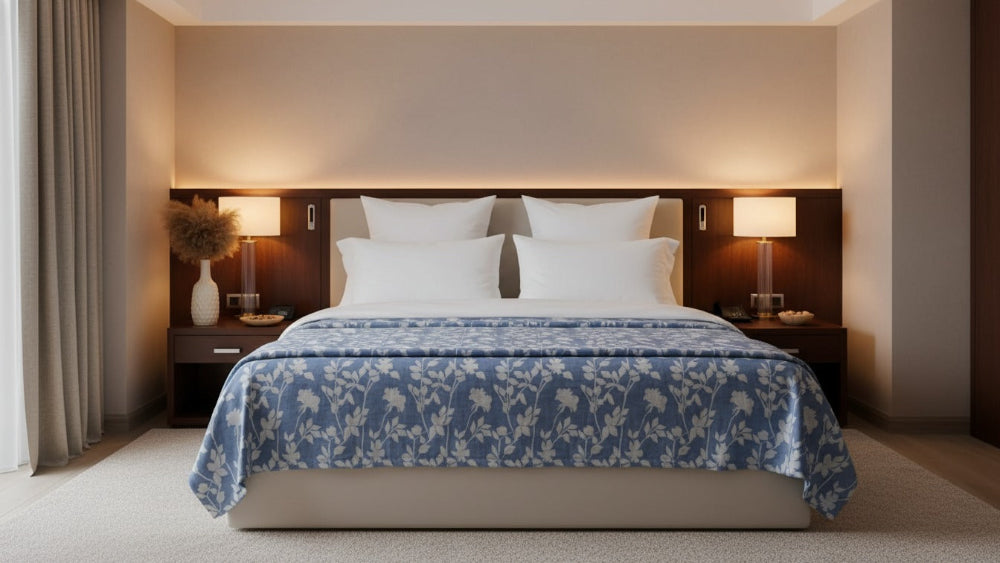 Premium cotton coverlet from the Core Collection styled in an elegant modern bedroom with breathable comfort and timeless neutral décor