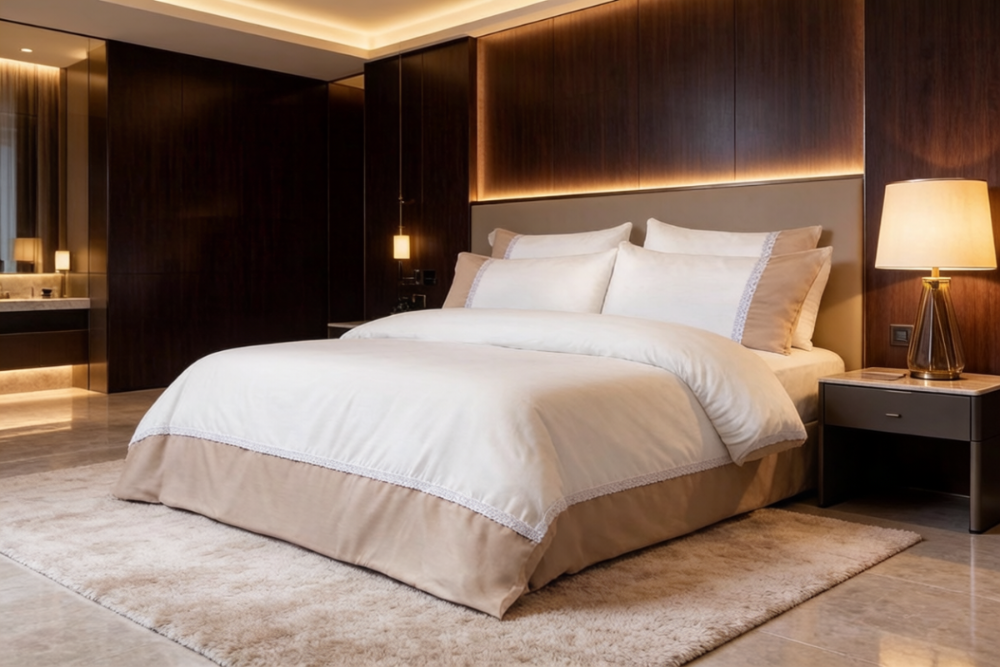 Cotton and guipure bed sheet set from the Neutral Living Collection featuring elegant decorative detailing, soft cotton comfort, and sophisticated bedroom styling