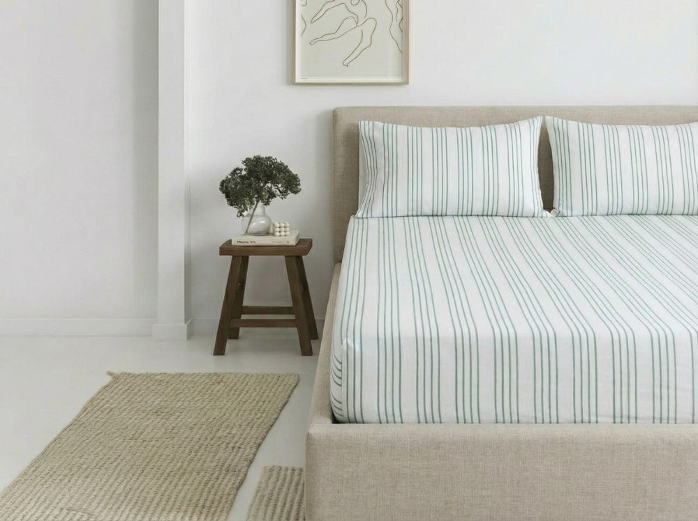 Cotton fitted sheet set from the Core Collection featuring soft breathable cotton, deep pocket fit, and clean minimalist bedroom styling