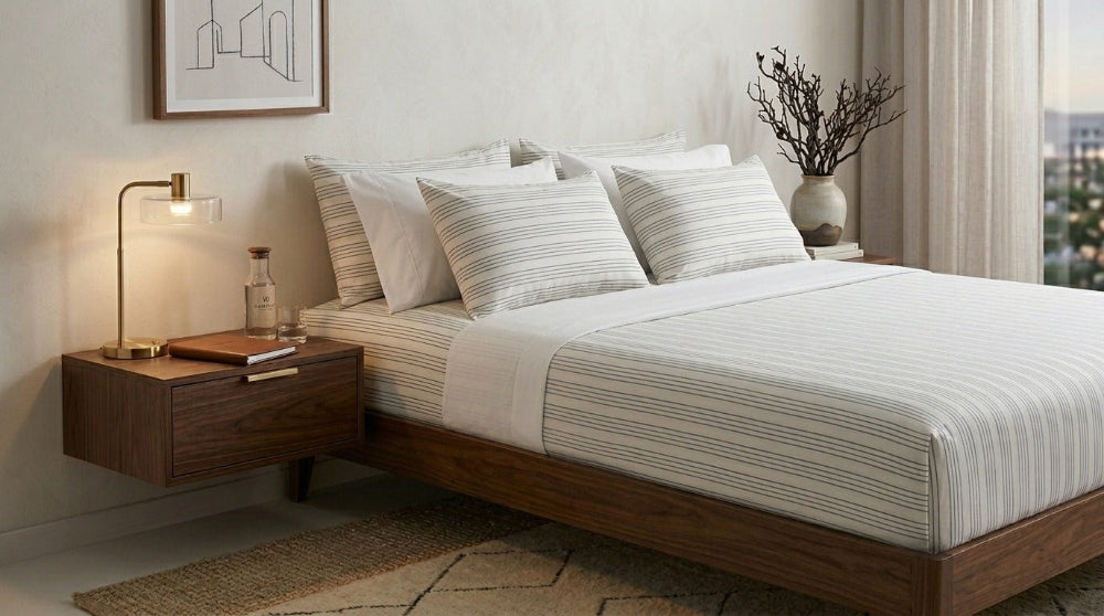 Cotton fitted sheet set from the Core Collection featuring soft breathable cotton, deep pocket fit, and clean minimalist bedroom styling