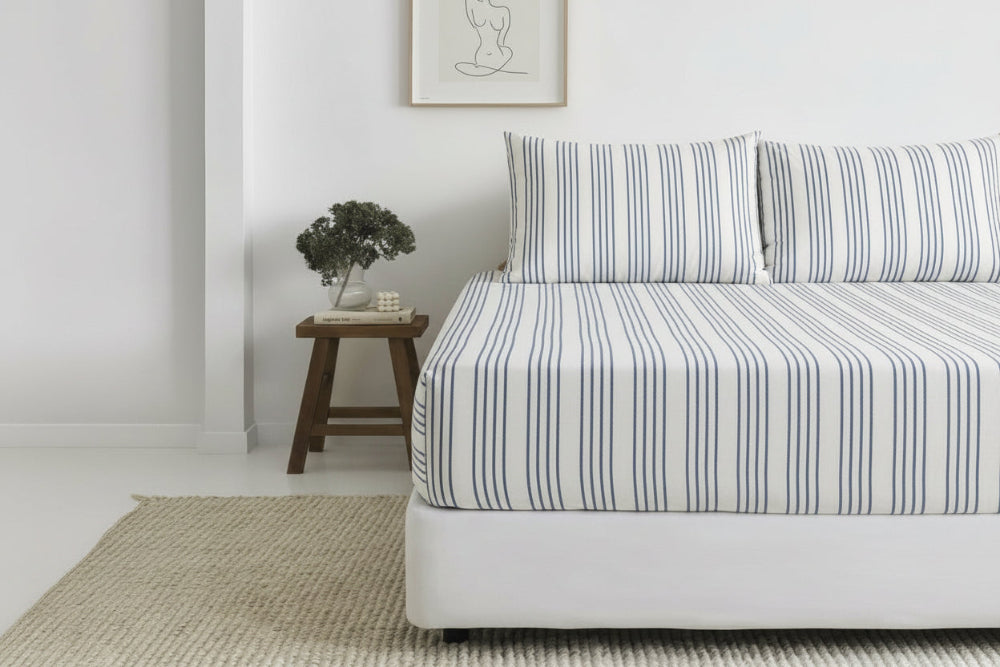 Cotton fitted sheet set from the Core Collection featuring soft breathable cotton, deep pocket fit, and clean minimalist bedroom styling