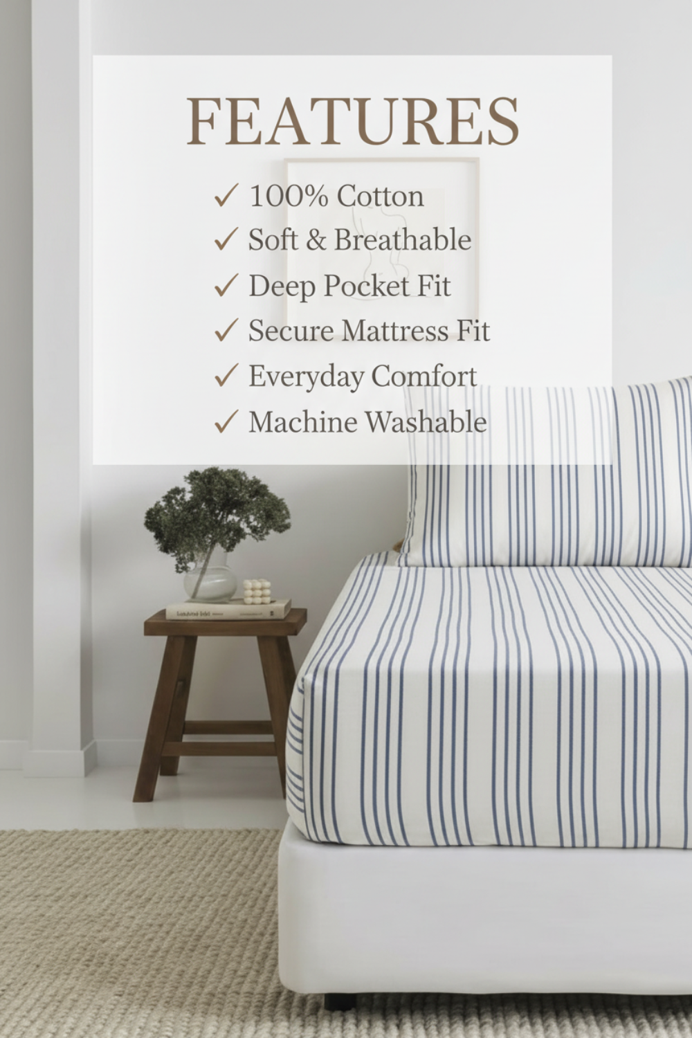 Bed with striped bedding in a bedroom setting, featuring product features text overlay.