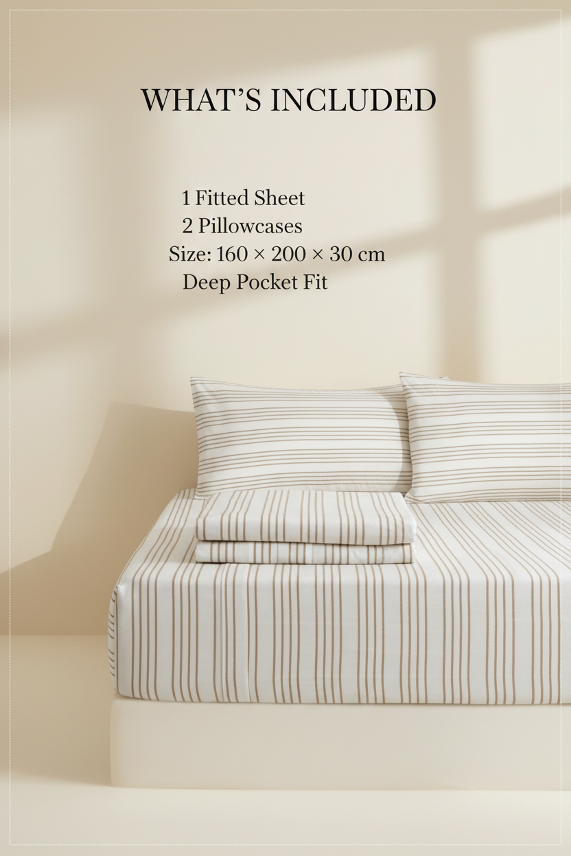 Bedding set with fitted sheet and pillowcases on a bed, including size and pocket fit information.
