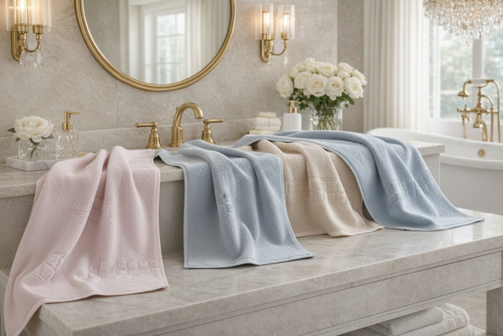 Cotton jacquard bath towel set from the Core Collection featuring soft absorbent texture and refined spa-inspired bathroom styling