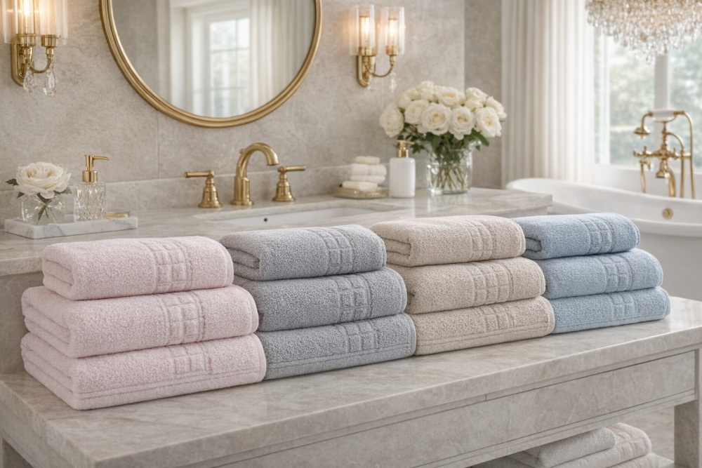 Cotton jacquard bath towel set from the Core Collection featuring soft absorbent texture and refined spa-inspired bathroom styling