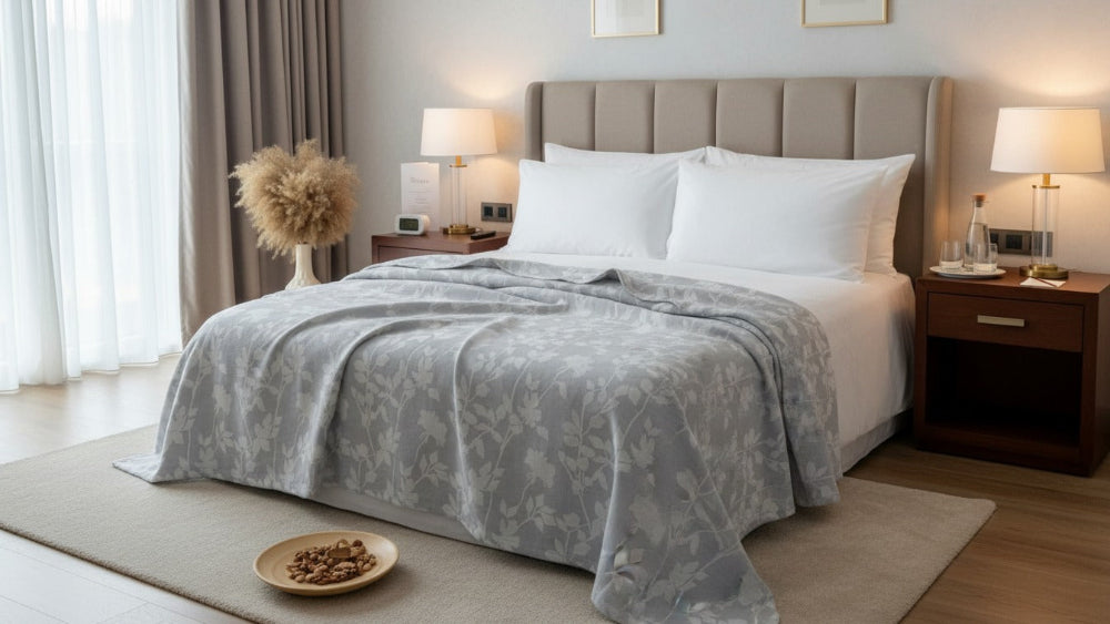 Premium cotton coverlet from the Core Collection styled in an elegant modern bedroom with breathable comfort and timeless neutral décor