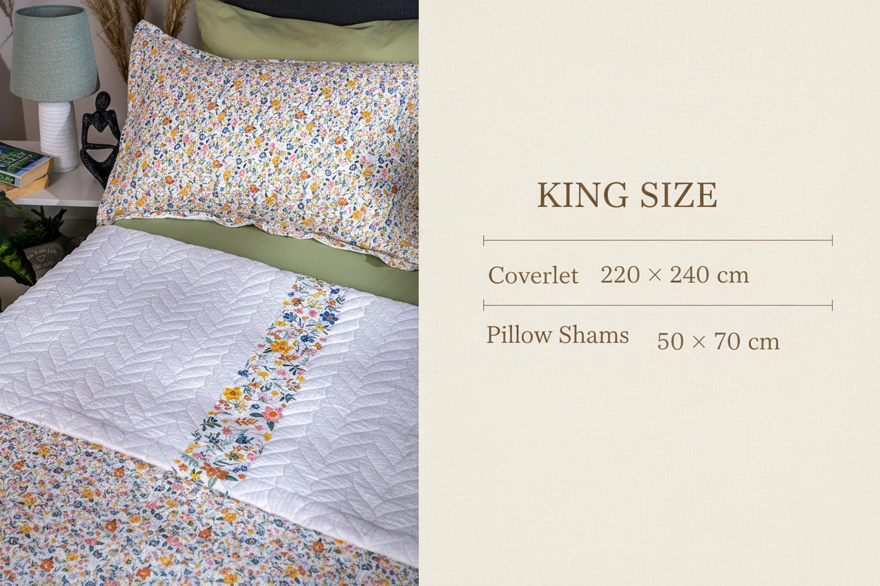 Floral bedspread with a white quilt on a bed in a bedroom setting.