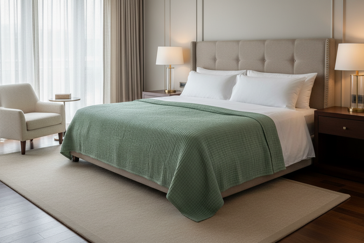 Close-up of a textured green blanket on a white surface