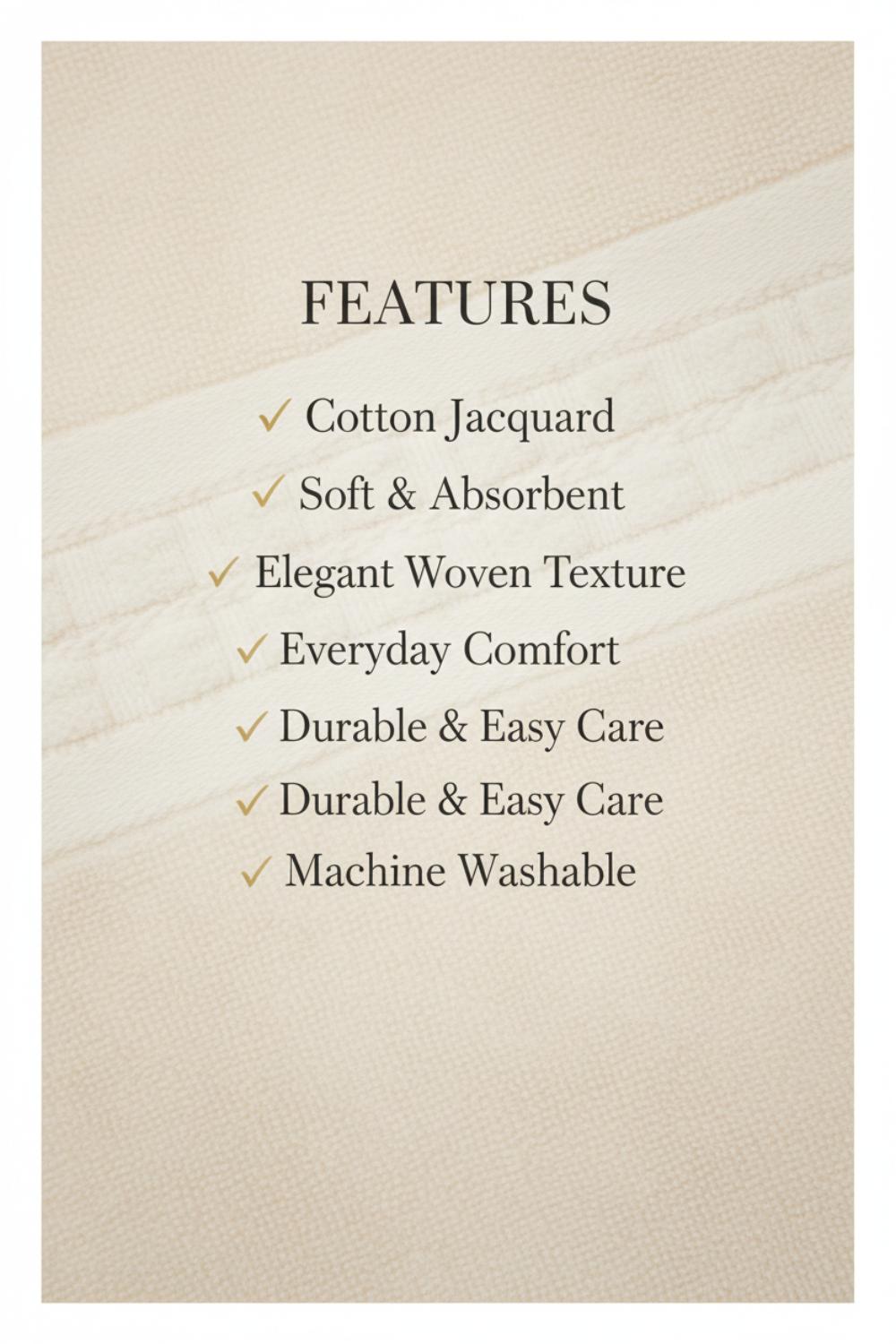 Text list of fabric features on a textured beige background