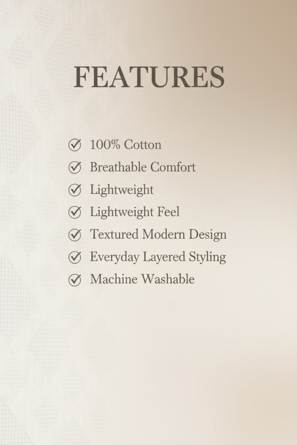 List of product features on a textured beige background