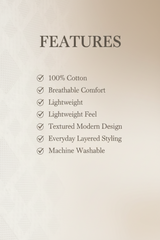 List of product features on a textured beige background