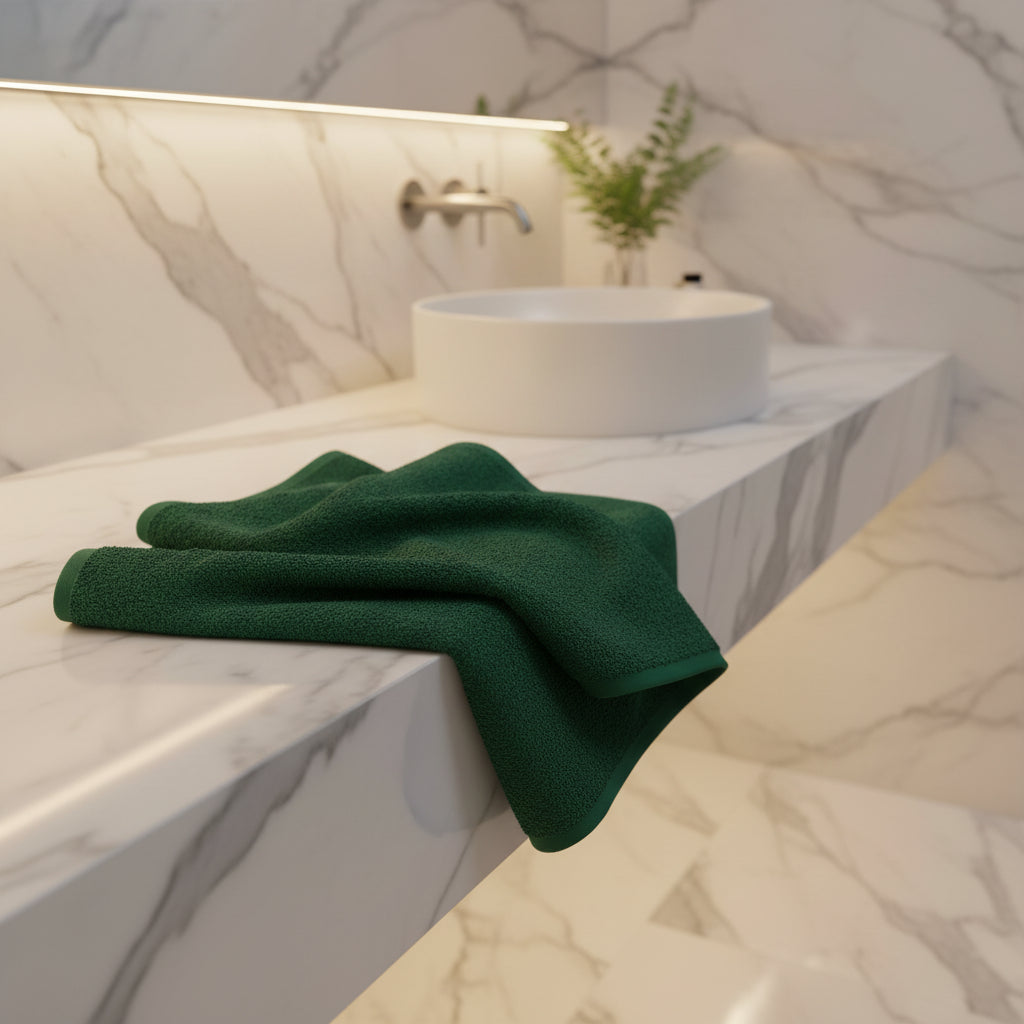 Folded green towel on a light gray background