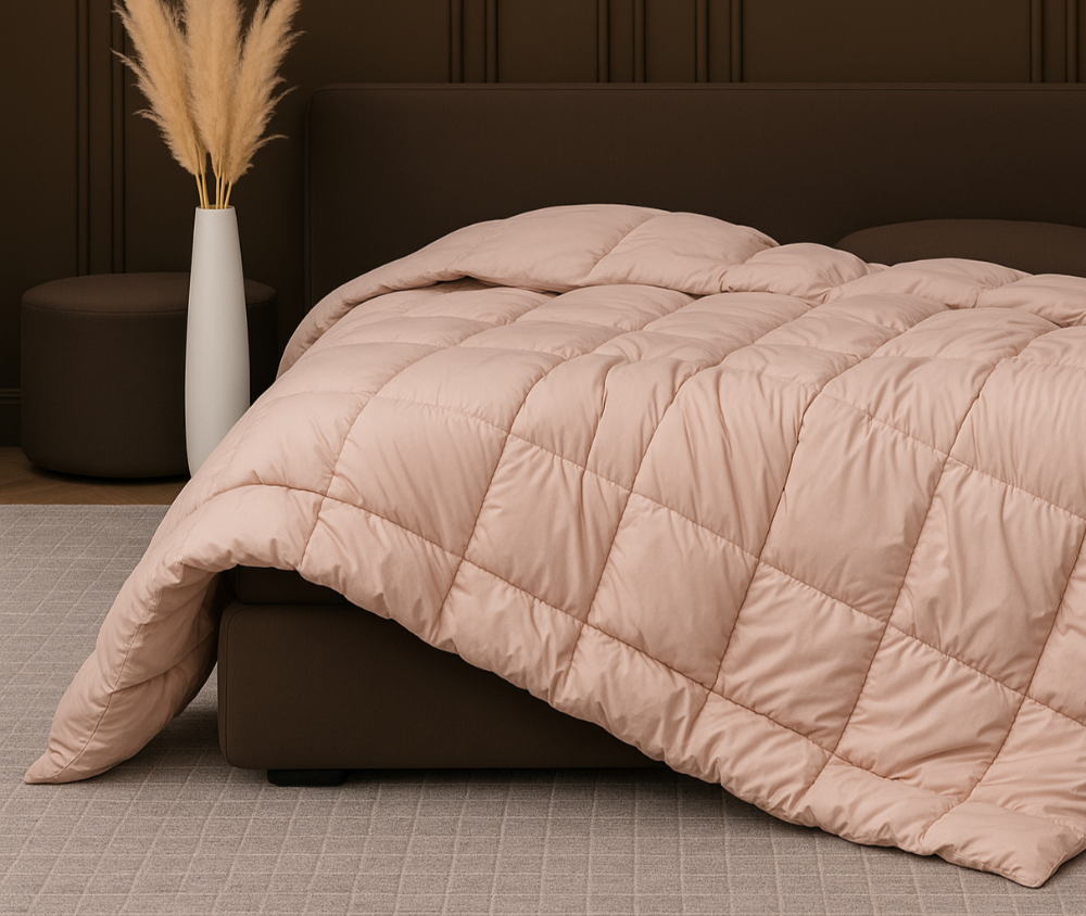 Hotel-quality cotton feather filled comforter from the Signature Collection styled in a luxury bedroom with soft layered bedding and elegant neutral décor