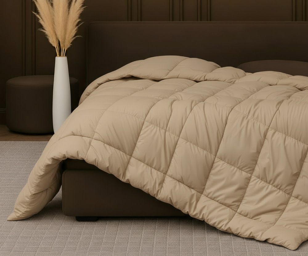 Hotel-quality cotton feather filled comforter from the Signature Collection styled in a luxury bedroom with soft layered bedding and elegant neutral décor