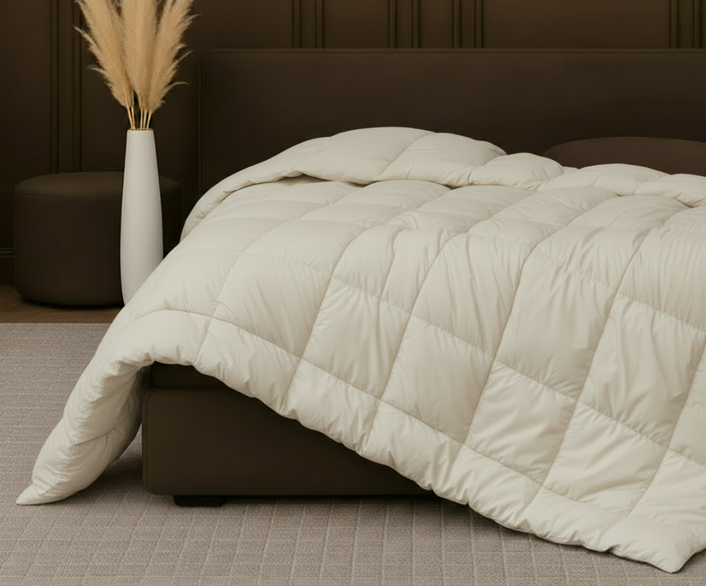 Hotel-quality cotton feather filled comforter from the Signature Collection styled in a luxury bedroom with soft layered bedding and elegant neutral décor