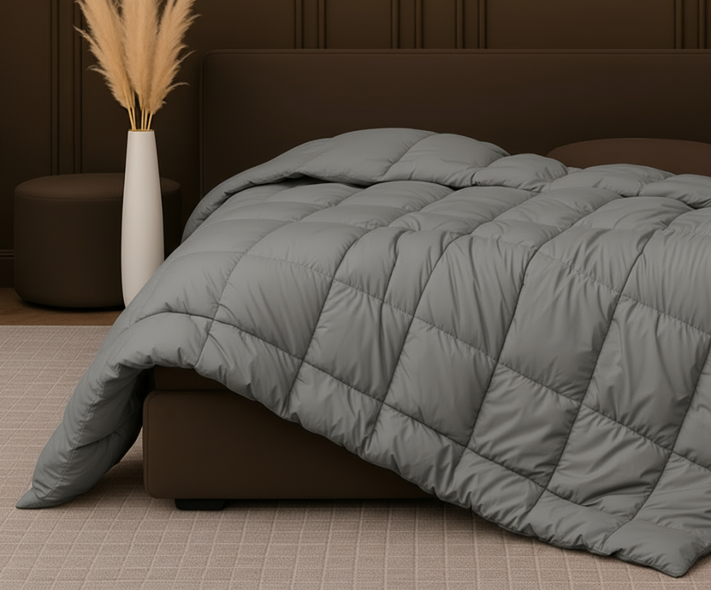 Hotel-quality cotton feather filled comforter from the Signature Collection styled in a luxury bedroom with soft layered bedding and elegant neutral décor
