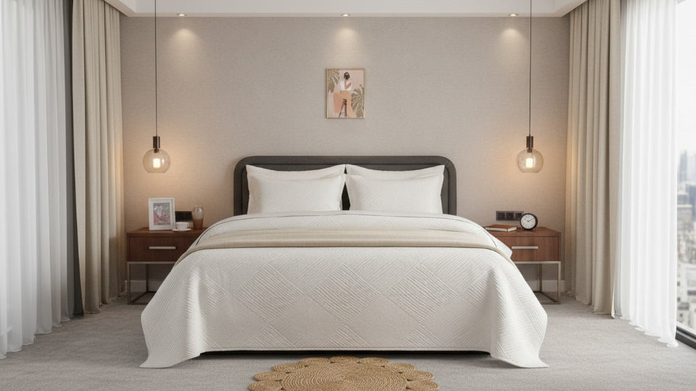 Textured microfiber coverlet set from the Textures Series featuring soft texture, matching pillowcases, and elegant modern bedroom styling