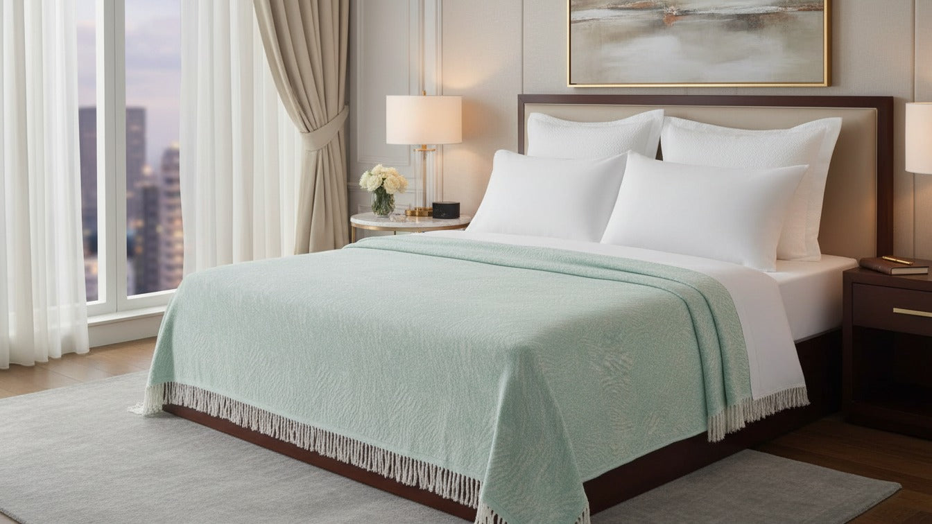 Neatly made bed with a light green throw blanket in a well-lit bedroom.