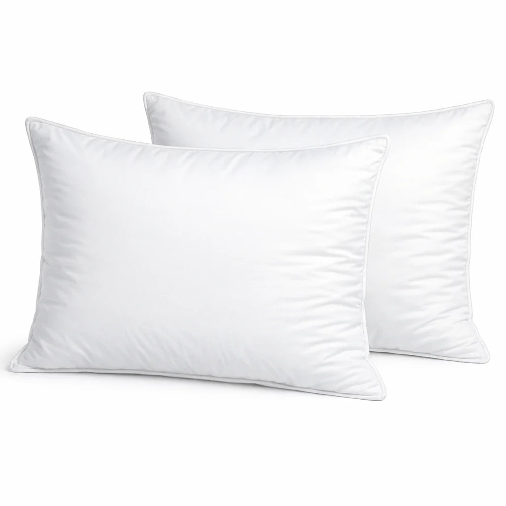 Two white pillows on a light beige background