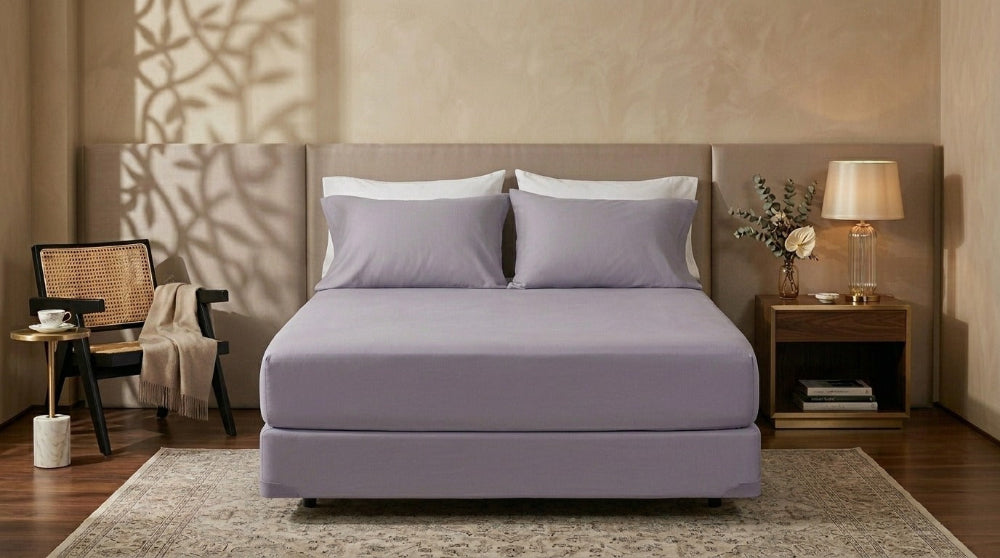 Percale cotton fitted sheet set from the Core Collection featuring crisp breathable cotton, deep pocket fit, and clean hotel-inspired bedroom styling
