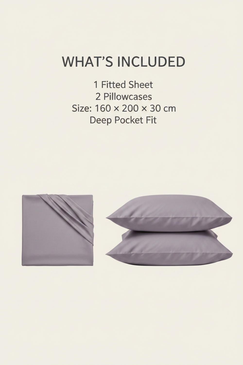 Bedding set with fitted sheet and pillowcases on a beige background