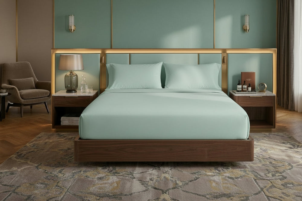 Percale cotton fitted sheet set from the Core Collection featuring crisp breathable cotton, deep pocket fit, and clean hotel-inspired bedroom styling