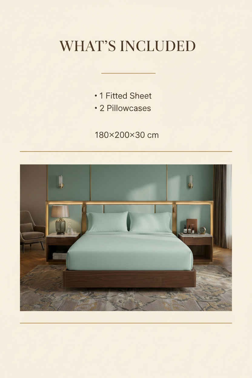 Bedroom scene with a bed and nightstands, featuring text about included bedding items.