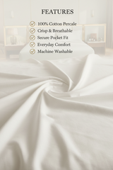 White bed sheet with features listed on a blurred bedroom background