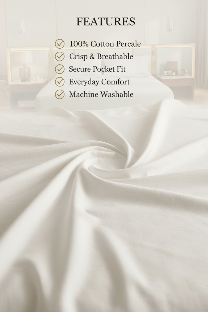 White bed sheet with features listed on a blurred bedroom background