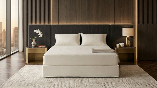 Percale cotton fitted sheet set from the Core Collection featuring crisp breathable cotton, deep pocket fit, and clean hotel-inspired bedroom styling
