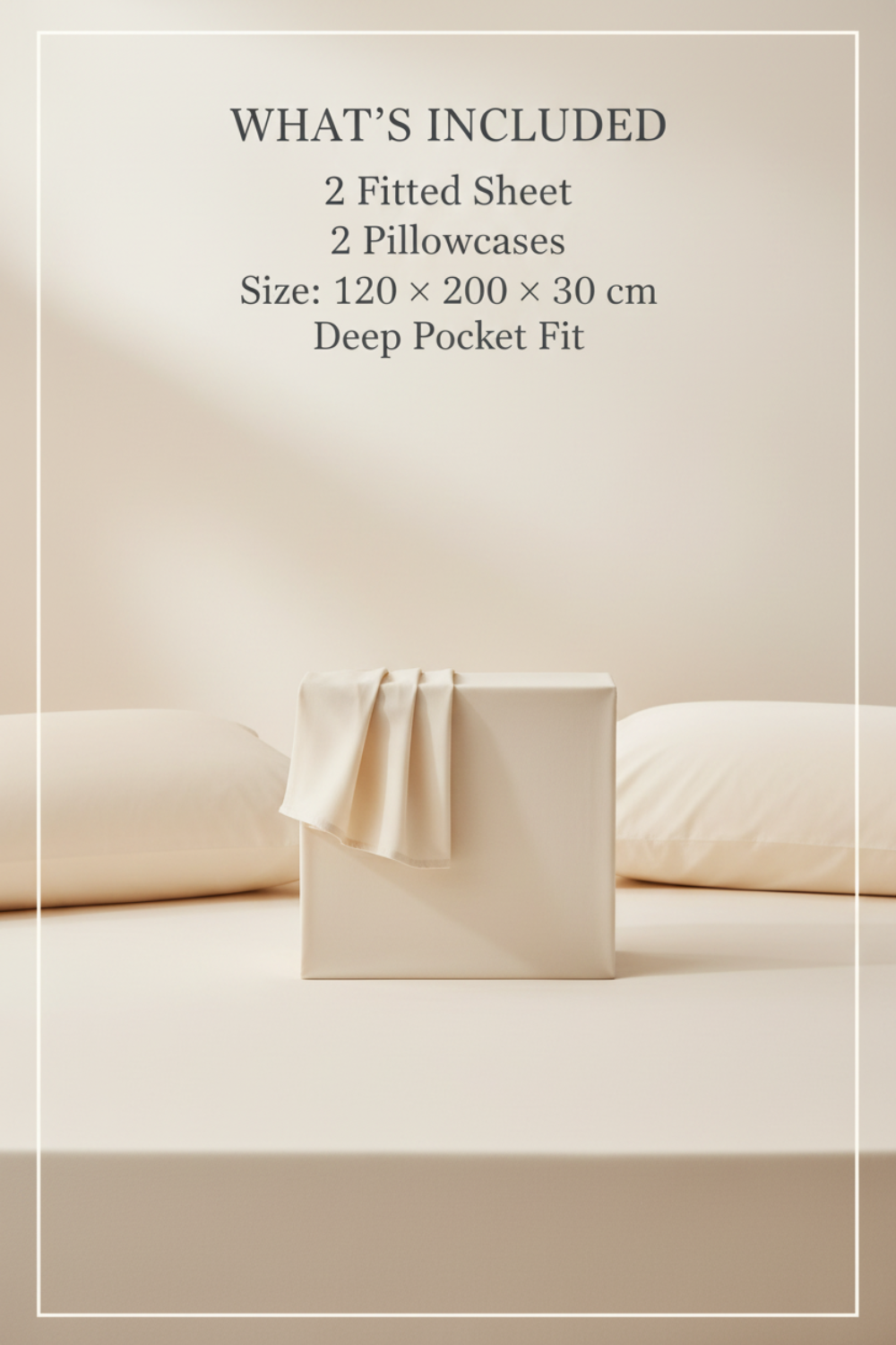 Beige fitted sheet and pillowcases on a bed with product details text overlay.