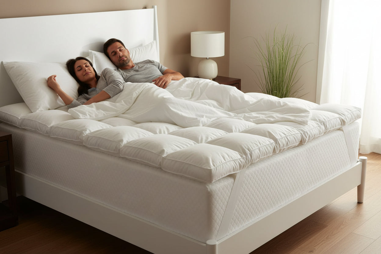 White bed with mattress topper, pillows, and a plant in a minimalistic room.