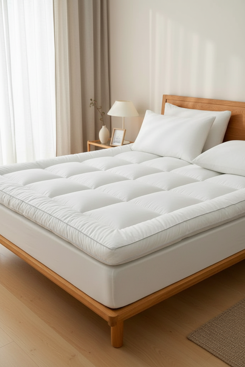 White mattress topper on a wooden bed frame against a beige wall.