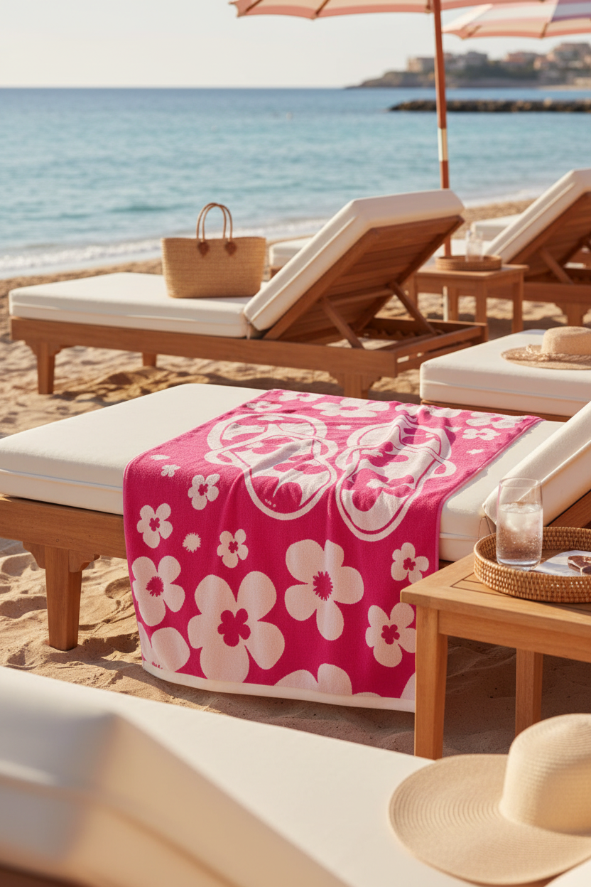 Bath towel with flip-flop and floral design on a pink background