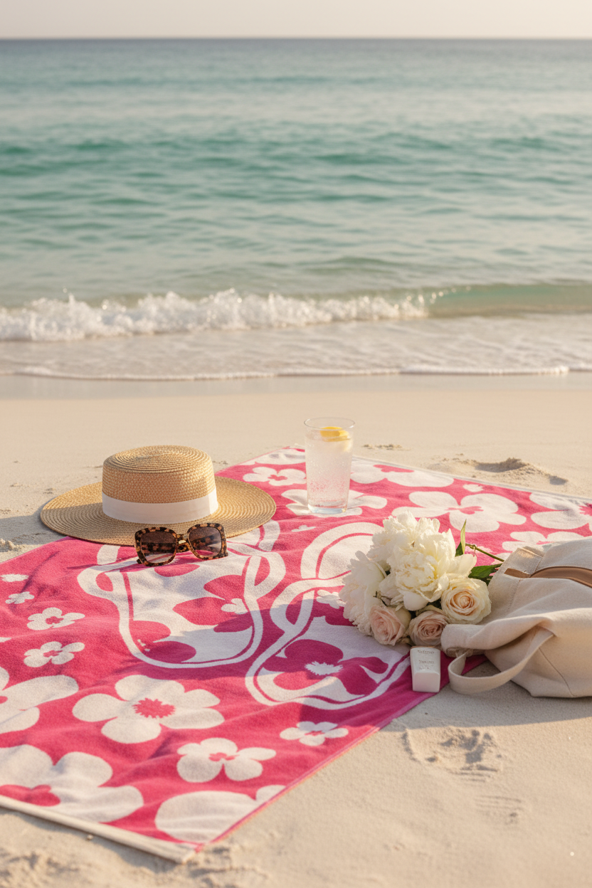 Bath towel with flip-flop and floral design on a pink background